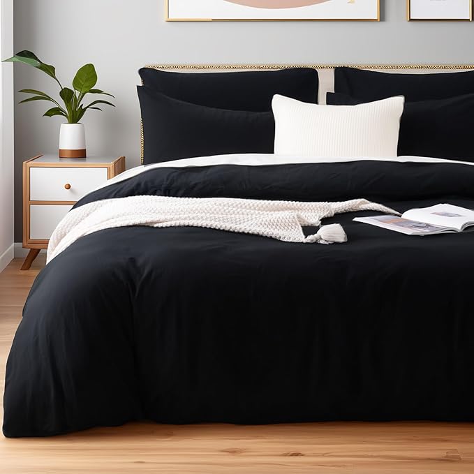 NEXHOME PRO Queen Duvet Cover Set – 100% Certified Organic Cotton with Washed Feel & Linen-Like Texture, Comfortable & Breathable, Home Bedding Set Black (No Comforter)