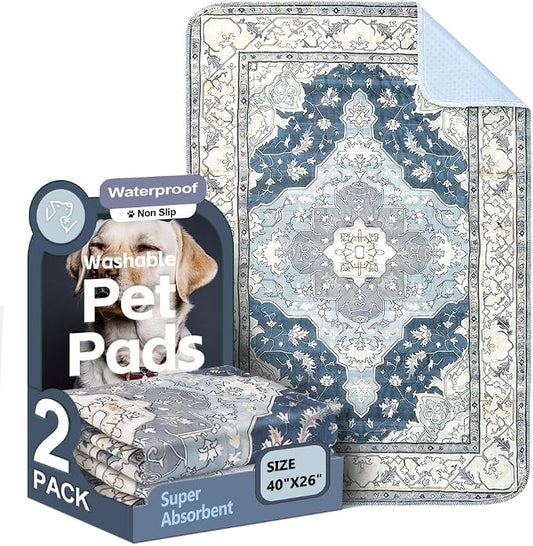 Washable Pee Pads for Dogs, 2 Pack Reusable Puppy Training Pads 40"x26" Super Absorbent Waterproof Dog Training Pads, Non-Slip Potty Pads, Whelping Pads Litter Mat Navy & Ecru