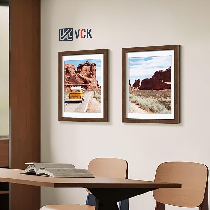 VCK 12x16 Picture Frames Brown 3 Pack, Wide Border Wood, Tempered Glass, Display 11x14 Photo with Mat or 12 x 16 without, for Home, Office, Gallery, Woodgrain Series, Wall Hanging