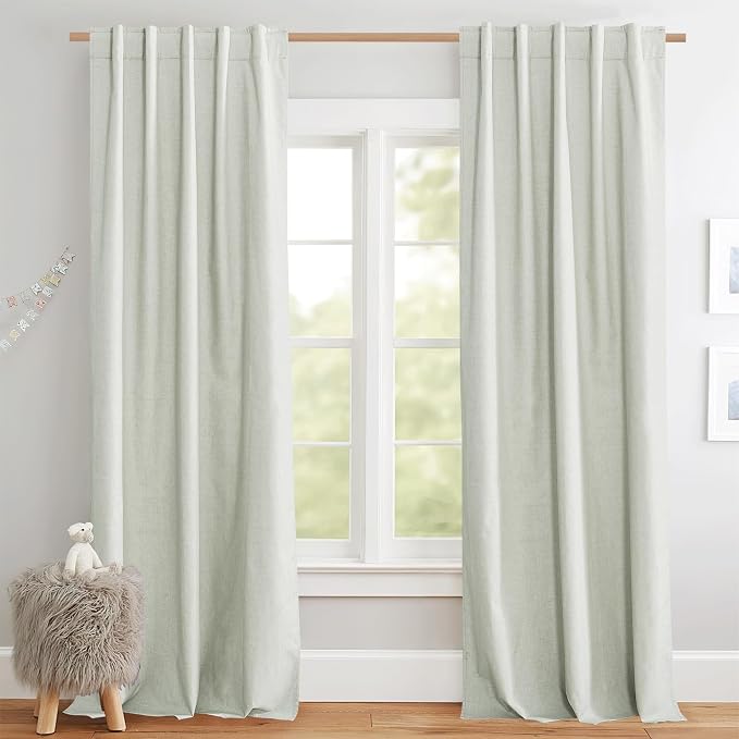 NICETOWN Living Room Full Blackout Light Green Linen Curtains 108" Length with Thermal Insulated Liners, Farmhouse Style Keep Warm Large Window Draperies for Hall (2 Panels, 52" W)