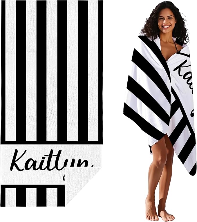 JML Personalized Beach Towel with Name, Custom Cabana Stripe Beach Towel, Customized Microfiber Pool Towel, Quick Dry & Absorbent Swim Towel for Adult,Anniversary, Birthday, Summer Holiday,Vacation