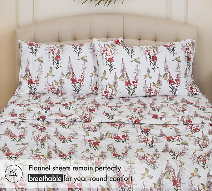 RUVANTI Flannel Sheets Full Size - 100% Cotton Double Brushed Bed Sheets Set, Deep Pockets 16 Inches, All Seasons Breathable & Extra Soft Full Sheets, Warm & Cozy, 4 Piece, Garden Song