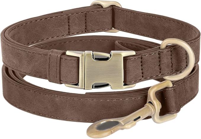 Genuine Leather Dog Collar - Adjustable Pet Collar with Quick Release Metal Buckle, Soft Skin Friendly Real Leather Collar for Small, Medium, Large Dogs (Dark Brown Collar + Rope, S：Fit 8-16" Neck)