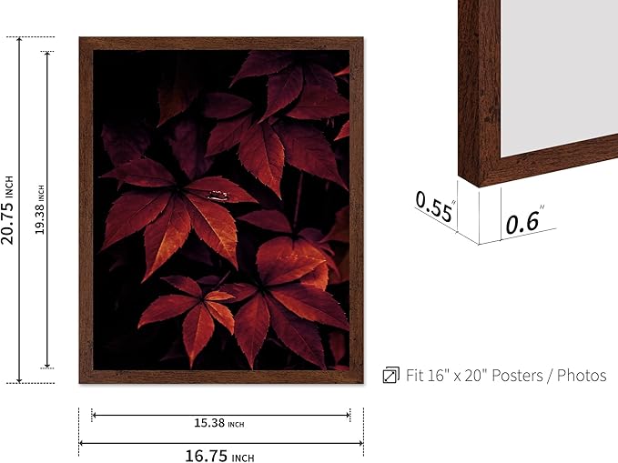 Monem Art Red Autumn Leaves Macro Photography Print - Moody Botanical Nature Poster - Wall Decor for Living Room, Bedroom or Office - 16x20 Brown Framed Wall Art by Mareike Bohmer