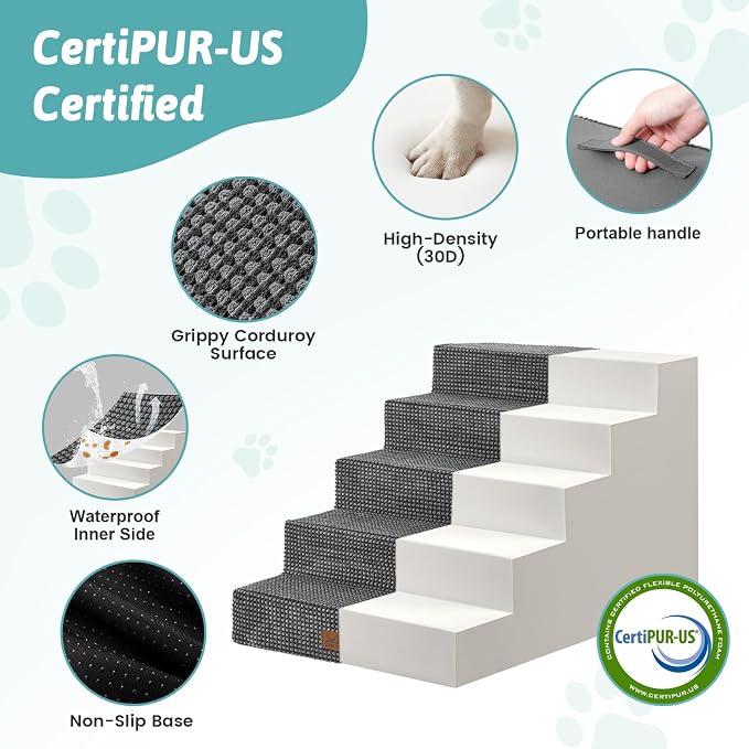 COZY KISS Dog Stairs for Small Dogs 17.7" H, 5-Step Gentle Incline Pet Step for Couch and Beds, Non-Slip Dog Ramp for Puppy Doggie Senior Cats, 17.7x29.5x17.7 Inch, Charcoal Grey