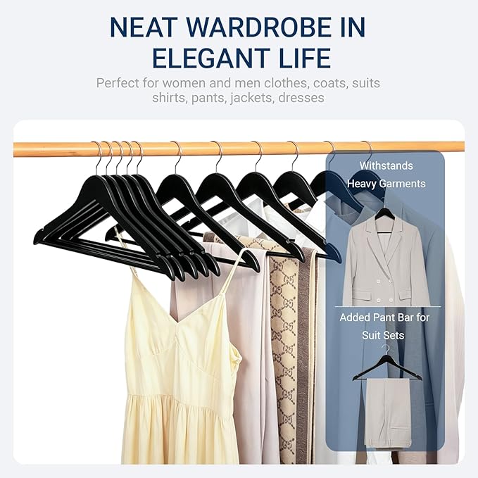 Amber Home Solid Wood Suit Coat Hangers 30 Pack, Smooth Black Finish Wooden Dress Hangers with Non Slip Pant Bar, Clothes Hangers with 360 Swivel Hook & Notches for Jacket, Pant, Shirt (Black, 30)