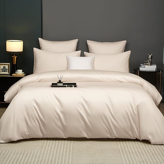 Cream Cotton Duvet Cover Set Queen 100% Long-Staple Cotton Sateen Bedding Set, Soft Breathable Smooth Organic Pure Cotton Plain Comforter Cover, Luxury Minimalist Bedroom Decor for All Season
