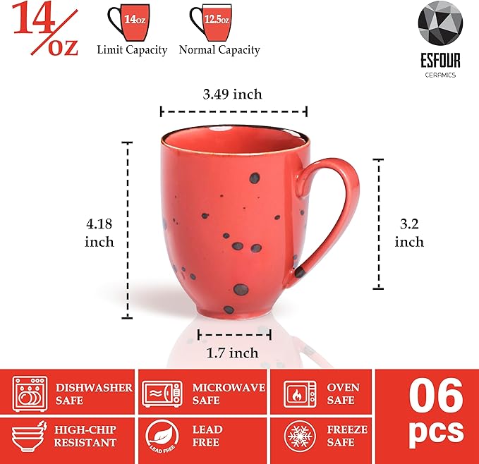Esfour Ceramics Coffee Mugs Set Of 6, 14 Oz Large Handle Heavy Duty Cups - Microwave Dishwasher Safe - Latte, Cappuccino, Tea, Cocoa, Mocha - Men, Women, Home Office Daily Use, Vivid Assorted Colors