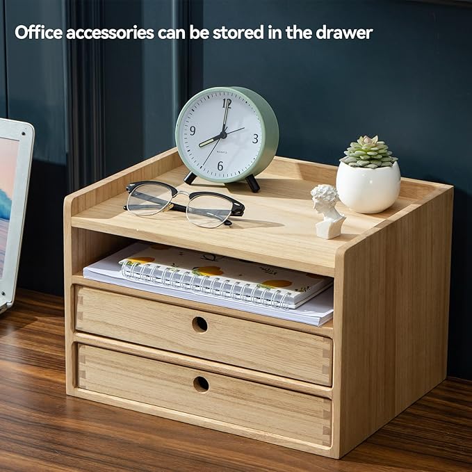 KIRIGEN Desktop Organizer Cabinet with 2 Drawers and Tray, Wood Office Desk Storage Shelf, 3-Tier Countertop Organizer for Papers, Supplies, Cosmetics, Kitchen Accessories Natural（DT3D2C-NA）