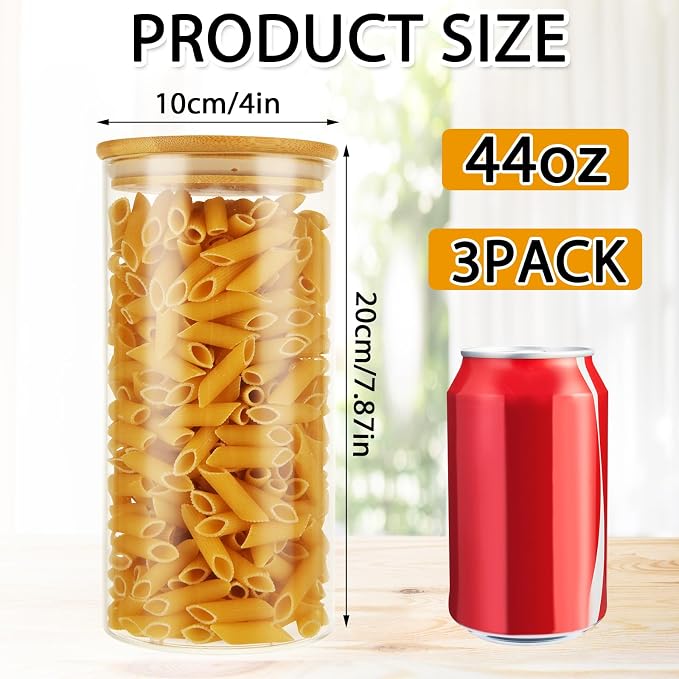 ABuff 3 Pack 44oz Glass Jars with Lids, Round Glass Storage Containers, Clear Food Storage Jars with Airtight Bamboo Lid for Dry Food Cereal Oat Sugar Tea Coffee Beans Sugar