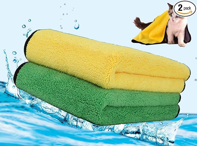 2 Pack Dog Towels Super Absorbent Pet Bath Towel Microfiber Dog Drying Towel for Small Dogs and Cats, Machine Washable, 11.8Inch x 23.6Inch, Yellow-Grey & Green-Grey