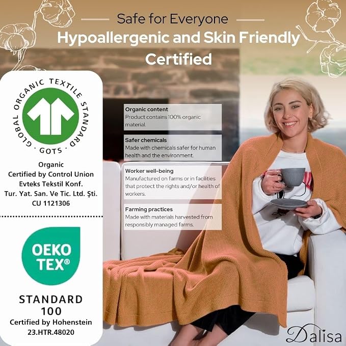 Dalisa 100% Organic Turkish Cotton Throw Blanket - GOTS Certified, Cozy - Perfect for Couch, Bed, and Home Decor - Boho Vintage Knit Alina (Saffron Gold, 50x60)