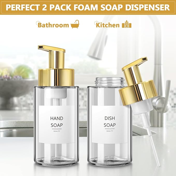 RYTOXILO Foaming Soap Dispenser, 10 oz/300ml Gold Soap Dispenser, 2 Pack Glass Foaming Hand Dispenser for Bathroom & Kitchen, Clear Refillable Foam Bottle with Waterproof Labels