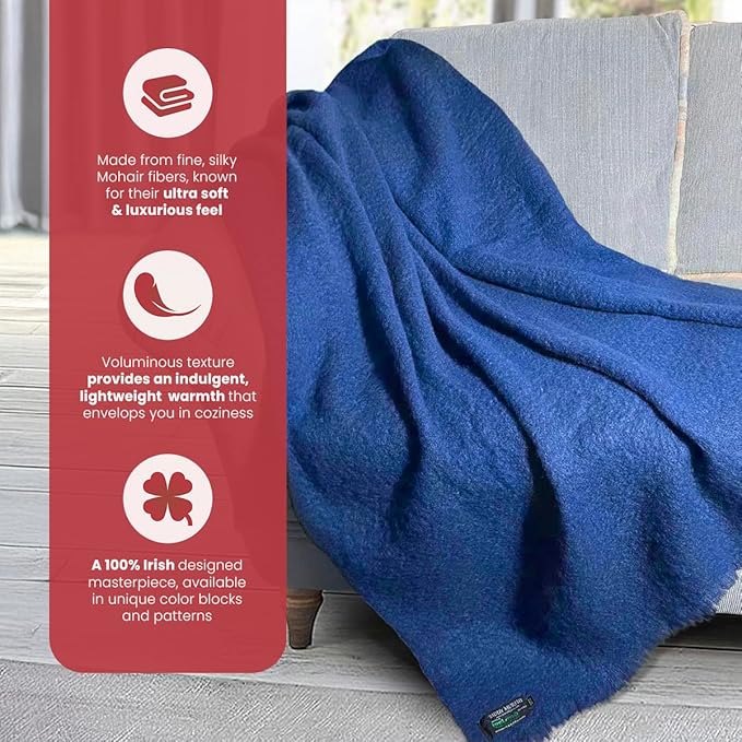 Biddy Muprhy Ultra Soft Irish Mohair & Wool Throw Blanket, Made in Ireland, 54"x72", Solid Blue