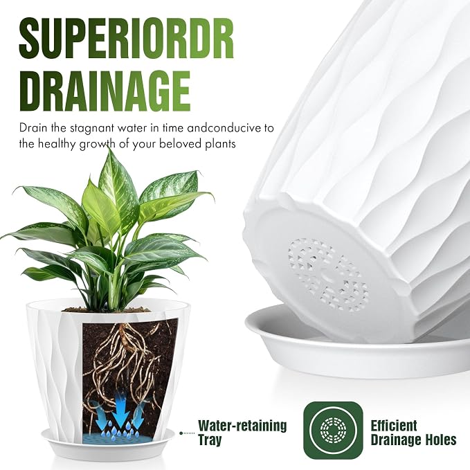 8 Inch Plant Pots 4 Pack Plastic Planters with Drainage & Saucers | 8 inch 4 pack plastic plant pots with 3D water ripple texture, drainage holes and saucers for indoor outdoor plants