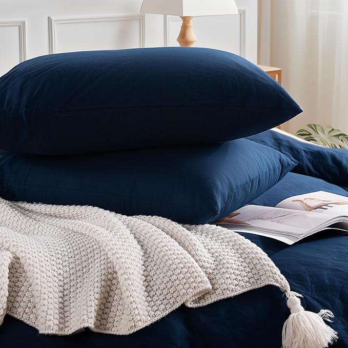 NEXHOME PRO Full Duvet Cover Set, 100% Certified Organic Cotton with Washed Feel & Linen-Like Texture, Comfortable & Breathable, Home Bedding Set Navy (No Comforter)