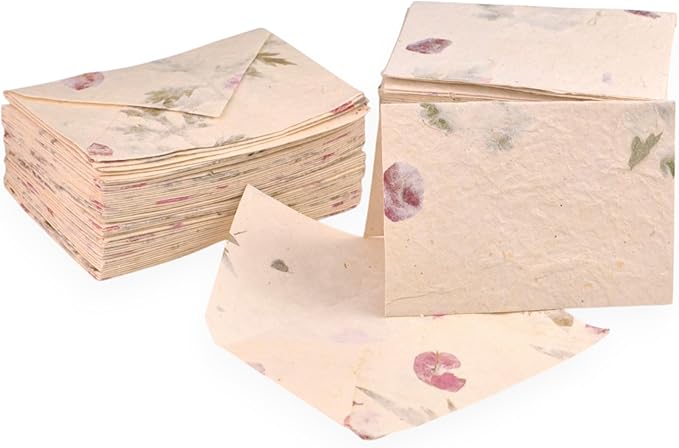 Kathmandu Valley Co. 50 Vintage 4x6 Handmade Lokta Paper Nepali Cherish Greeting Cards & Matching Decorative Flower Petal Envelopes. Folded blank cards. Handmade In Nepal. (Forest Wanderer)