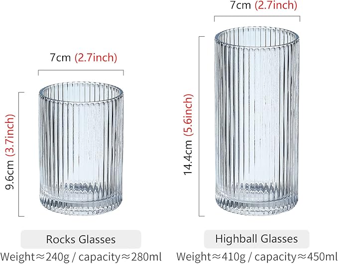 Drinking Glasses with Origami Style Set of 4pcs Glass Cups,2 Highball Glasses & 2 Rocks Glasses,Elegant Ripple Vintage Glassware,Iced Coffee Glasses,Ideal for Cocktail, Whiskey, Beer, Juice, Water