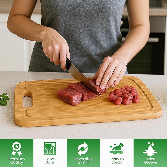 Wood Cutting Boards for Kitchen - Bamboo Cutting Board Cutting Boards with Juice Grooves Serving Board Thick Chopping Board for Meat Veggies Easy Grip | Pack of 1 (11 x 14 Inch)