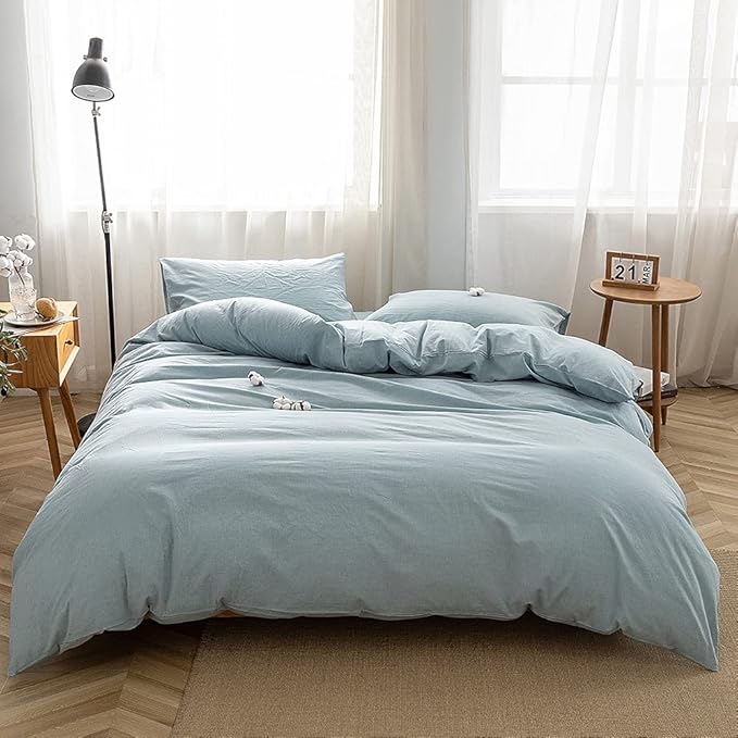 FACE TWO FACE Bedding Duvet Cover Set100% Washed Cotton Duvet Cover Linen Like Textured Breathable Durable Soft Comfy(Full, Light Blue)