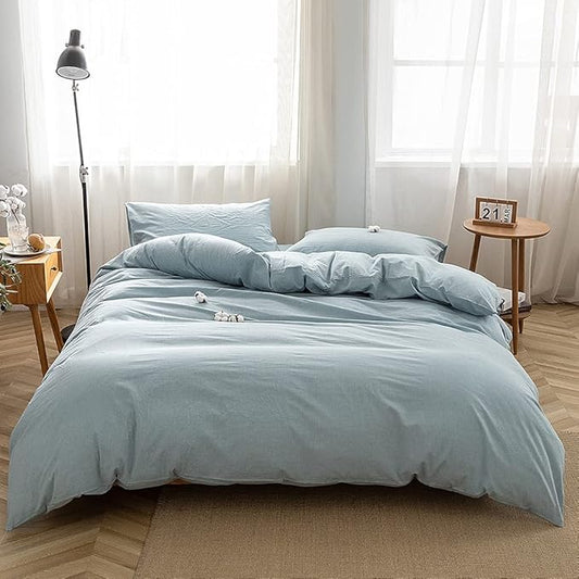 FACE TWO FACE Bedding Duvet Cover Set100% Washed Cotton Duvet Cover Linen Like Textured Breathable Durable Soft Comfy(Full, Light Blue)