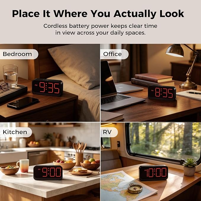 Acedeck Battery Operated Alarm Clock for Bedroom Travel: Cordless Compact Large Display Digital Clock with Auto Dimming - 4 Dimmers Easy to Use for Adults Seniors Red Digits