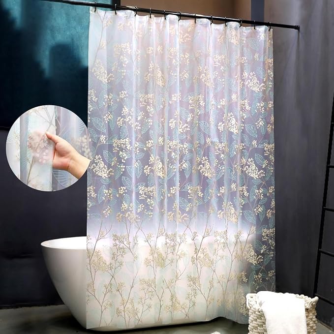 EVA Waterproof Shower Curtain Liner - Matte Clear & Frosted Design with 12 Hooks, Soft Touch, Privacy & Light Transparency, Fresh Floral Prints, Ideal for Bathroom Decor (Holly, 72" x 72")