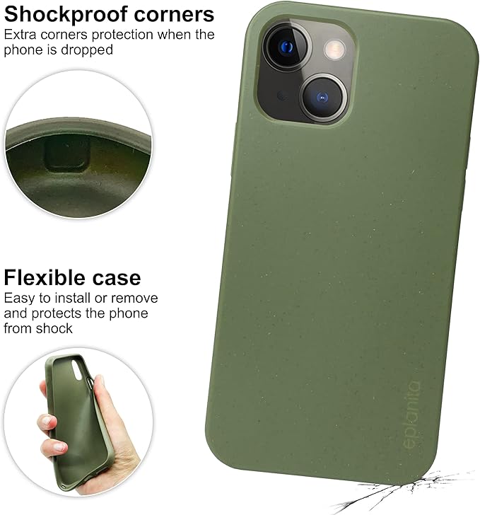 eplanita Eco Mobile Phone Case Compatible for iPhone 15, Plant Fiber, Drop Protection Cover, Durable and Sustainable (for iPhone 15, Khaki)