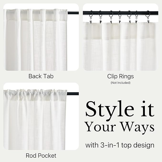 NICETOWN Thick Linen Curtains 84 inch Long 2 Panels Set, 55" Wide White Flax Linen Blend Organic Privacy Window Drapes Rod Pocket & Back Tab with Light Filtering for Bedroom/Living Room