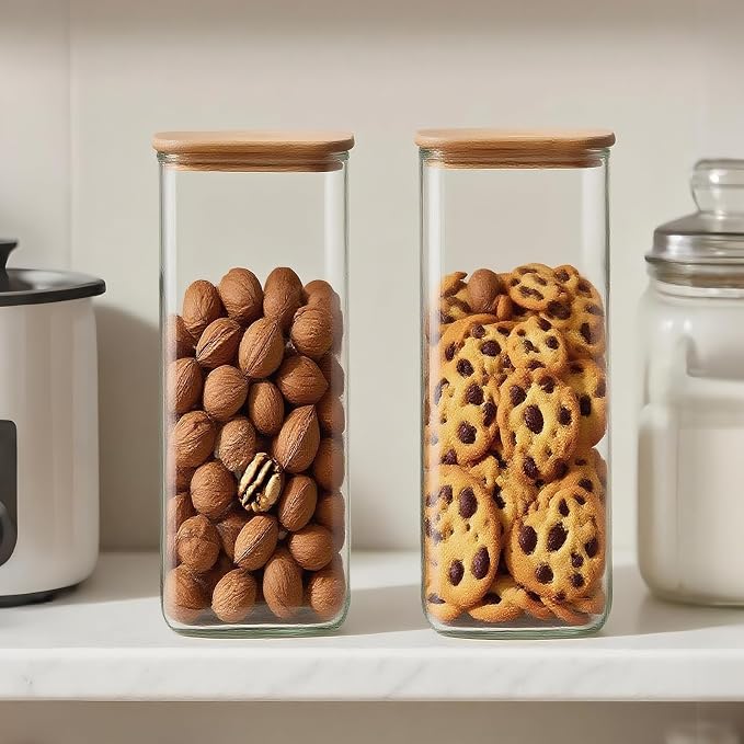 Airtight Food Storage Containers - Large Glass Jars with Lids - Spaghetti Storage Jar with Bamboo Lids - Flour Pasta Canisters - Glass Storage Jars for Coffee,Cereal