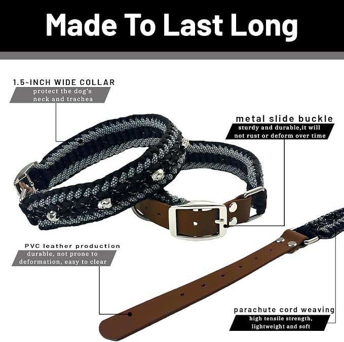 Paracord Dog Collar, Adjustable Soft Nylon Pet Collars for Medium Large Dogs(19"-23"), Stylish Pet Gear for Boys, L(Set of 1, Black Skull Collar+Leash)