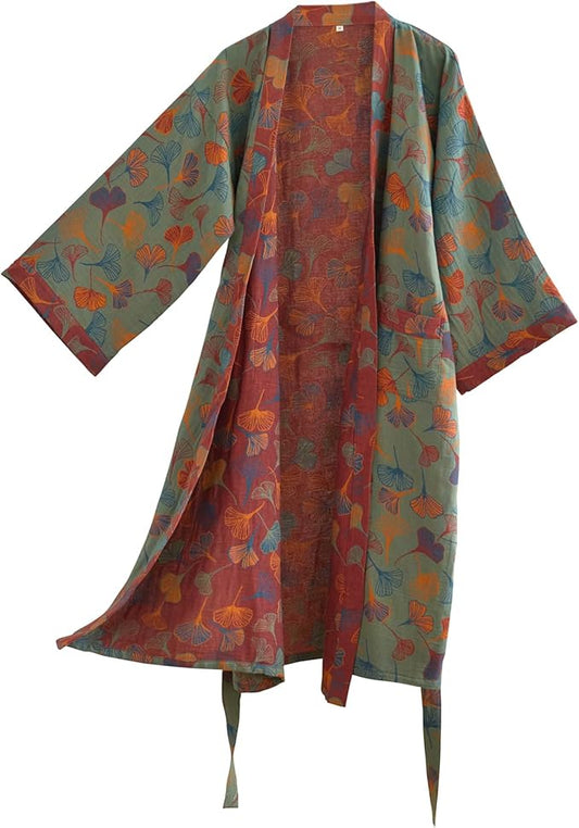 100% Cotton Gauze Ginkgo Leaf Kimono Robe, Long Knit Loose Bathrobe Nightgown Ladies Loungewear Sleepwear for Women