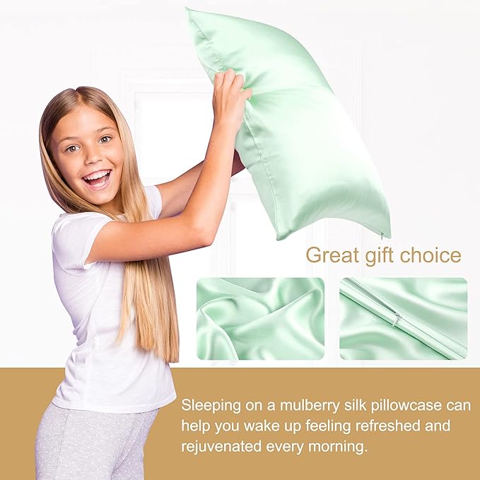 uxcell 1 Pack 100% Charmeuse Pure Silk Pillowcase for Hair and Skin, 350TC 19 Momme Soft Breathable Pillow Case with Hidden Zipper, Light Green Silk Pillowcase Travel (14x20inch)