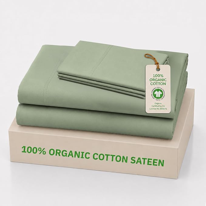 California Design Den XL Twin Sheet Set - 100% Organic Cotton, Soft and Lightweight Sateen Bed Sheets Twin XL, Deep Pockets, Durable Bedding - Pale Green
