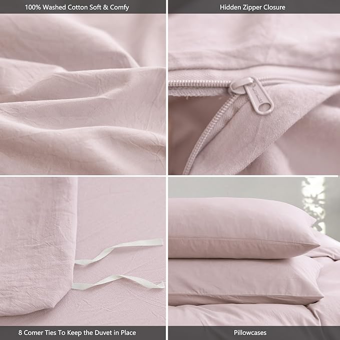 MooMee Queen Duvet Cover Set, 100% Washed Cotton Linen Like Twill Thick Sturdy Material Super Soft Breathable Durable Bedding for All Season, 3 Pieces (Greyish Pink, Queen 90"x90")