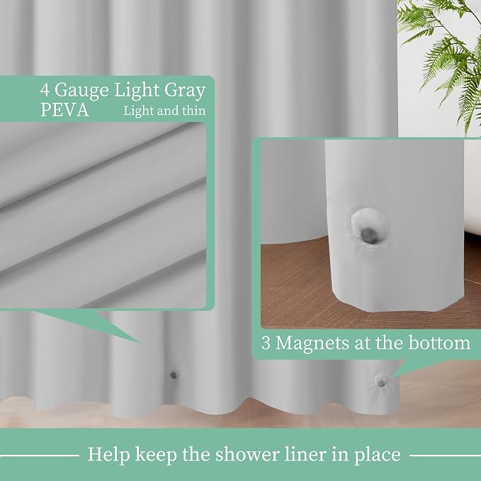 Mrs Awesome Grey Shower Curtain Liner with 3 Magnets, 72x72 Premium Flexible Sturdy Plastic Shower Curtain for Bathroom Lightweight & Waterproof, Light Gray