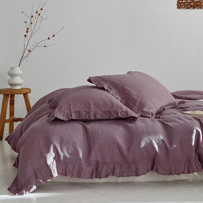 100% French Linen Euro Shams with Ruffles - Set of 2 - Washed Solid Color Natural Flax Soft Breathable Pillow Covers - Purple, 26'' x 26''