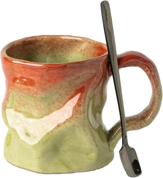 Handmade Ceramic Coffee Mugs, Mugs with Spoon, 11oz, Handmade Pottery Mug with Handle, Hand-painting, Unique Uneven Surface Tea cups, Dishwasher and Microwave Safe (green)