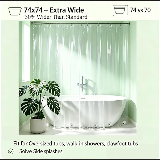 Clear Plastic Shower Curtain Liner 74 x 74 Inches - Extra Wide & Long Waterproof Heavy Duty 74 inch Shower Curtain with 6 Magnets and Rustproof Grommets for Bathtub, Walk-in Shower, Clawfoot Tub