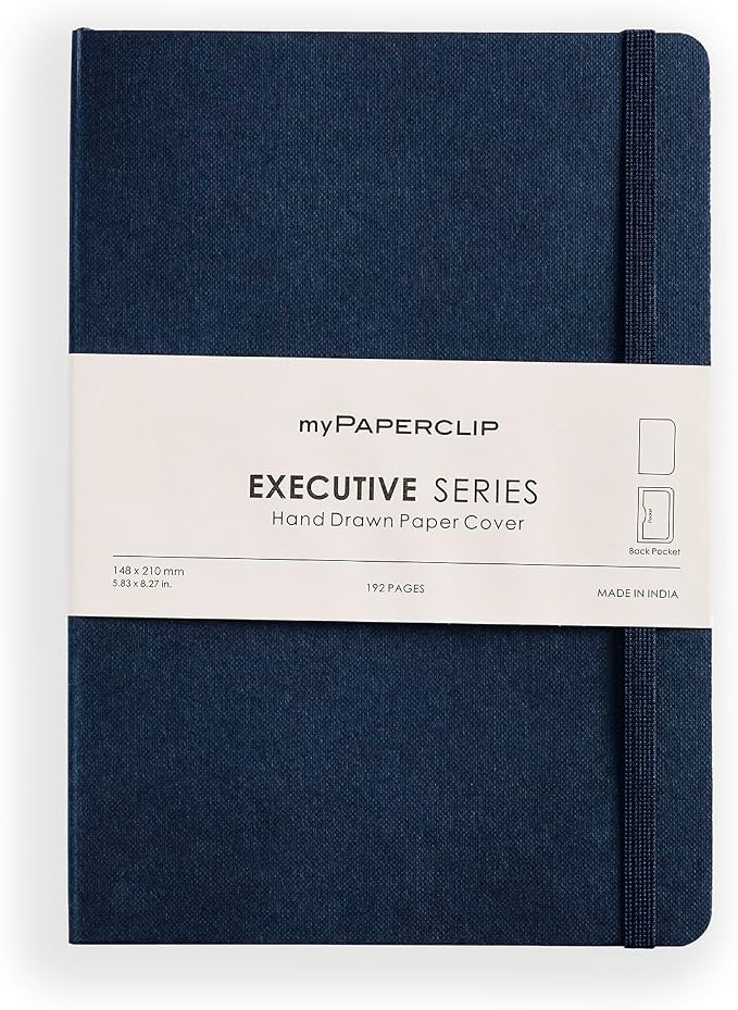 myPAPERCLIP Executive Series A5 Plain Notebook | 192 Pages, 80 GSM, Soft Cover, A5 (5.83 x 8.27 in) | Flat Lay | Bookmark, Elastic Closure & Back Pocket | Blue