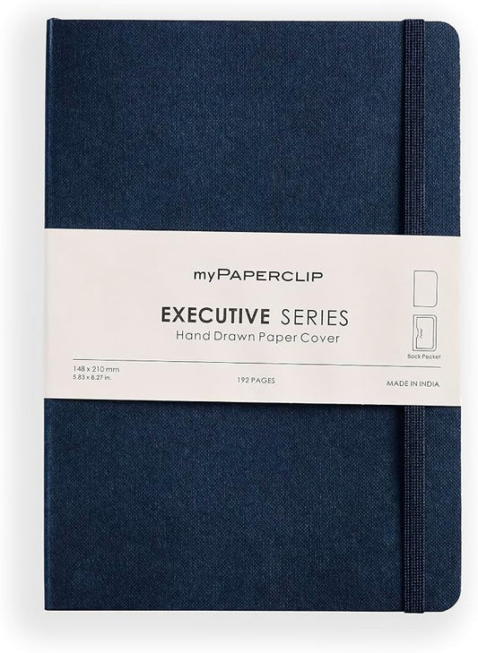 myPAPERCLIP Executive Series A5 Plain Notebook | 192 Pages, 80 GSM, Soft Cover, A5 (5.83 x 8.27 in) | Flat Lay | Bookmark, Elastic Closure & Back Pocket | Blue