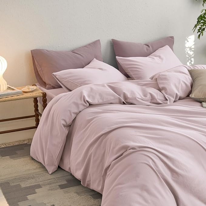 MooMee Queen Duvet Cover Set, 100% Washed Cotton Linen Like Twill Thick Sturdy Material Super Soft Breathable Durable Bedding for All Season, 3 Pieces (Greyish Pink, Queen 90"x90")