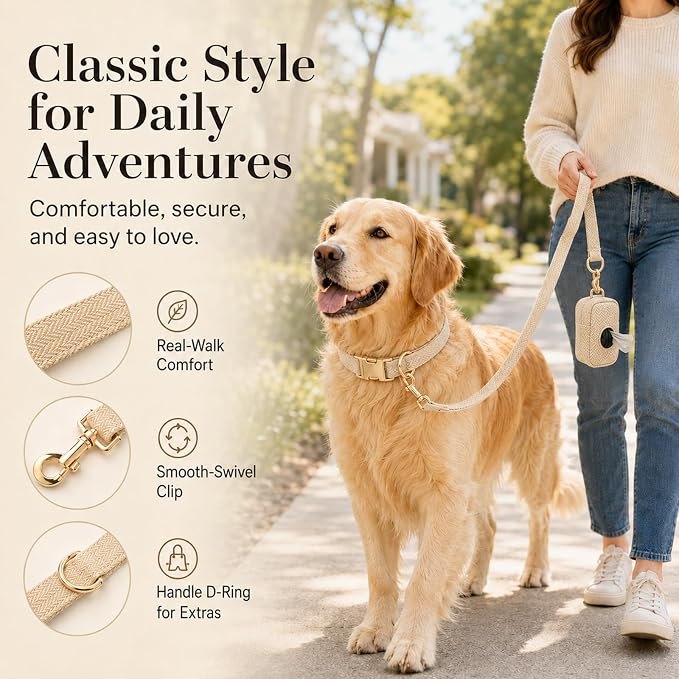 Herringbone Tweed Dog Collar and Leash Set for Large Dogs, Light Beige | Snag-free, no-rub design. Soft breathable cotton, gentle on fur. Adjustable durable matching combo for walks & outdoors.