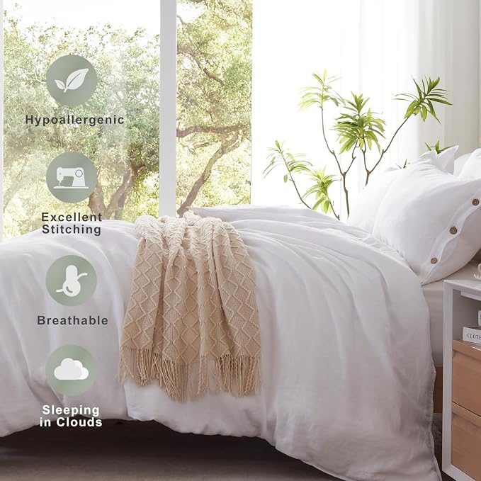TOSMO 100% Linen Duvet Cover Set with Button Closure, 3 Pieces (1 Duvet Cover with 2 Pillowcases), Soft Breathable Durable Farmhouse Bedding - Full, White