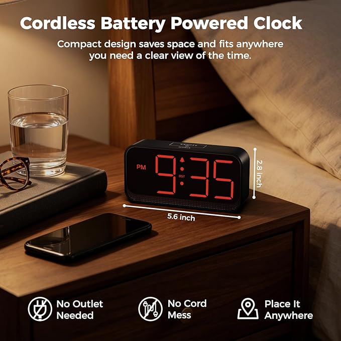 Acedeck Battery Operated Alarm Clock for Bedroom Travel: Cordless Compact Large Display Digital Clock with Auto Dimming - 4 Dimmers Easy to Use for Adults Seniors Red Digits