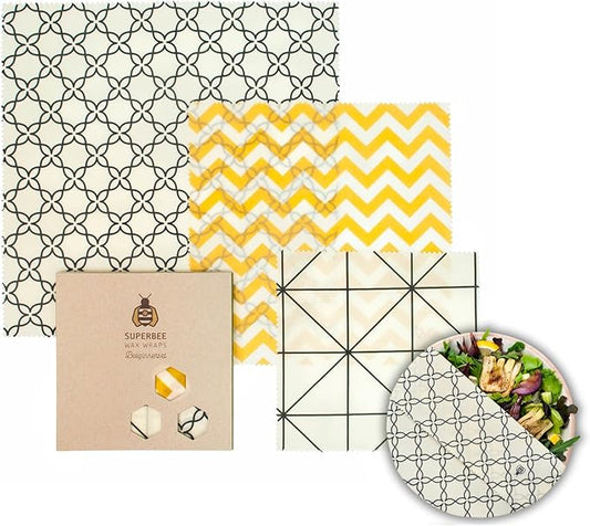 SUPERBEE Beeswax Wrap for Food, Set of 3 Bees Wax Wraps, Reusable Bees Wrap Paper for Wrapping Vegetables & Cheese, Bowl Covers and Sandwich Wrapping Paper, Beeswax Food Wraps - Classic