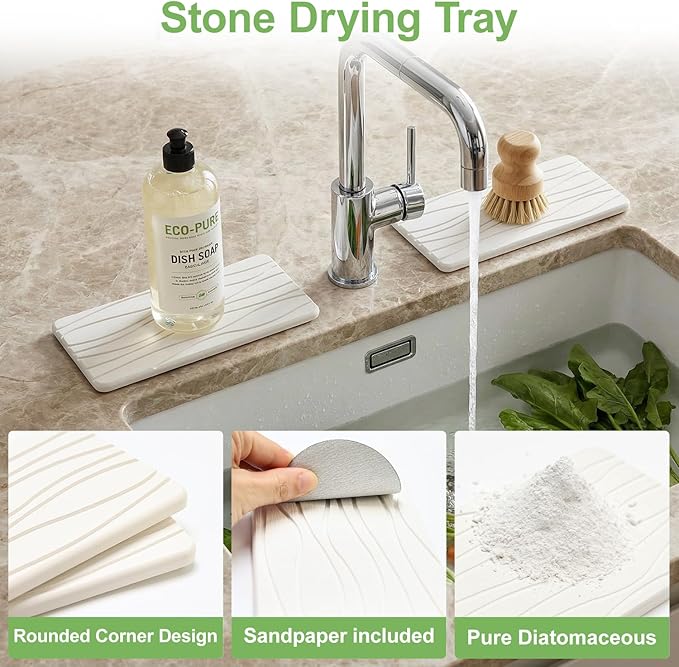 Water Absorbing Stone Tray for Bathroom Sink Stone Drying Mat for Kitchen Counter Diatomite Sink Soap Dispenser Trays Quick Dry Mat Kitchen Decor Diatomaceous Earth Vanity Tray Bathroom Accessories