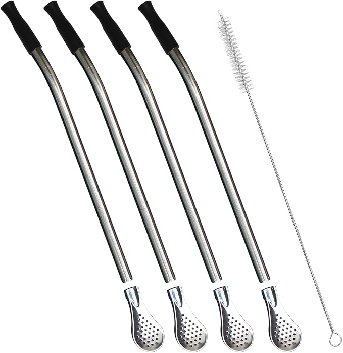 Reusable Bombilla Yerba Mate Straw - Stainless Steel Removable Spoon Style Filter with Soft Silicone Tip - Metal Straw for Drinking Loose Leaf Tea, Coffee - Includes Cleaning Brush by Beruth（Black）