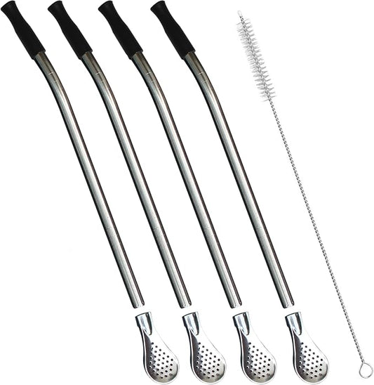 Reusable Bombilla Yerba Mate Straw - Stainless Steel Removable Spoon Style Filter with Soft Silicone Tip - Metal Straw for Drinking Loose Leaf Tea, Coffee - Includes Cleaning Brush by Beruth（Black）