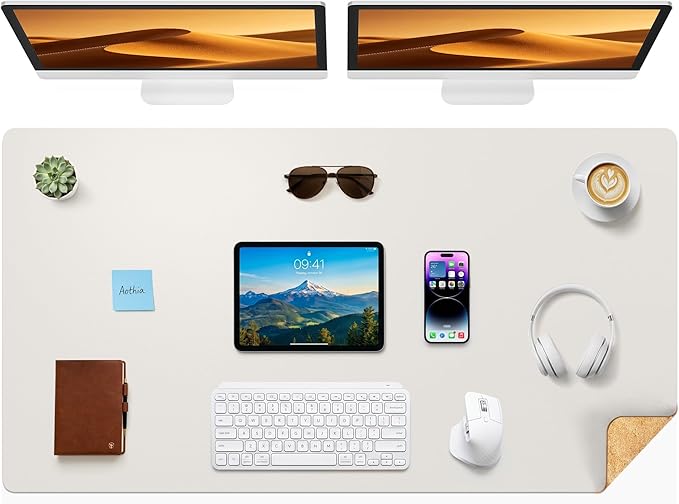 Aothia Cork Desk Mat - Dual-Sided XL PU Leather Desk Pad & Full Desk Protector, Large Waterproof Desktop Mat for Office & Gaming (47" x 23.6", Off-White)